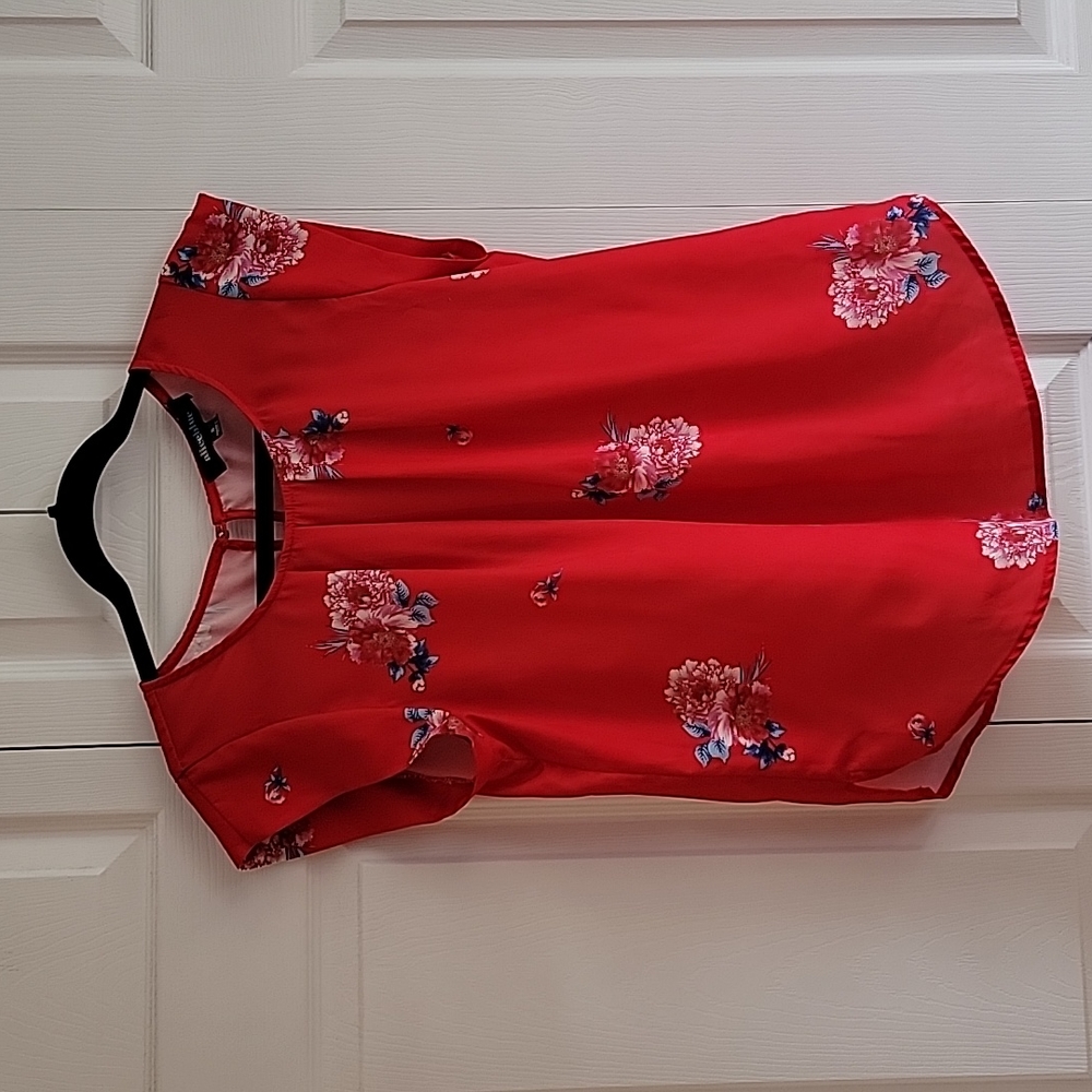 Short Sleeve, Red Floral Blouse, Small